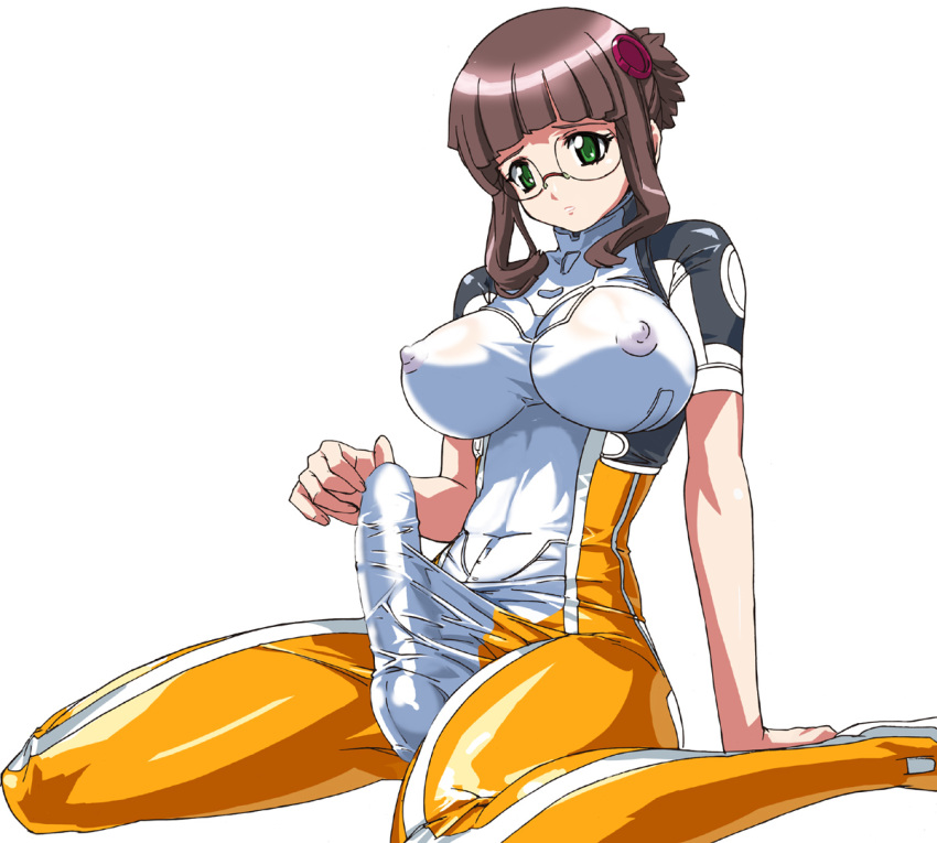 1futa alpa breasts brown_hair bulge cameltail erect_nipples fujisawa_yayoi futa_only futanari glasses green_eyes intersex large_breasts latex latex_breasts latex_futa latex_nipples lux penis skin_tight solo solo_futa uchuu_no_stellvia uniform