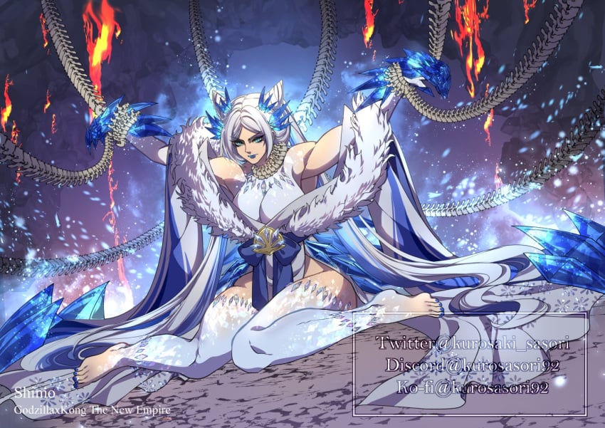 kurosaki_sasori shimo_(kaiju) gijinka humanized humanization godzilla_(series) godzilla_x_kong:_the_new_empire female female_focus female_only kaiju clothes clothed clothing chains chained bound bound_wrists breasts boobs tits big_breasts big_boobs big_tits cleavage hips wide_hips thick_hips thighs thick_thighs long_hair white_hair tied_hair sharp_claws sharp_fingernails athletic athletic_female