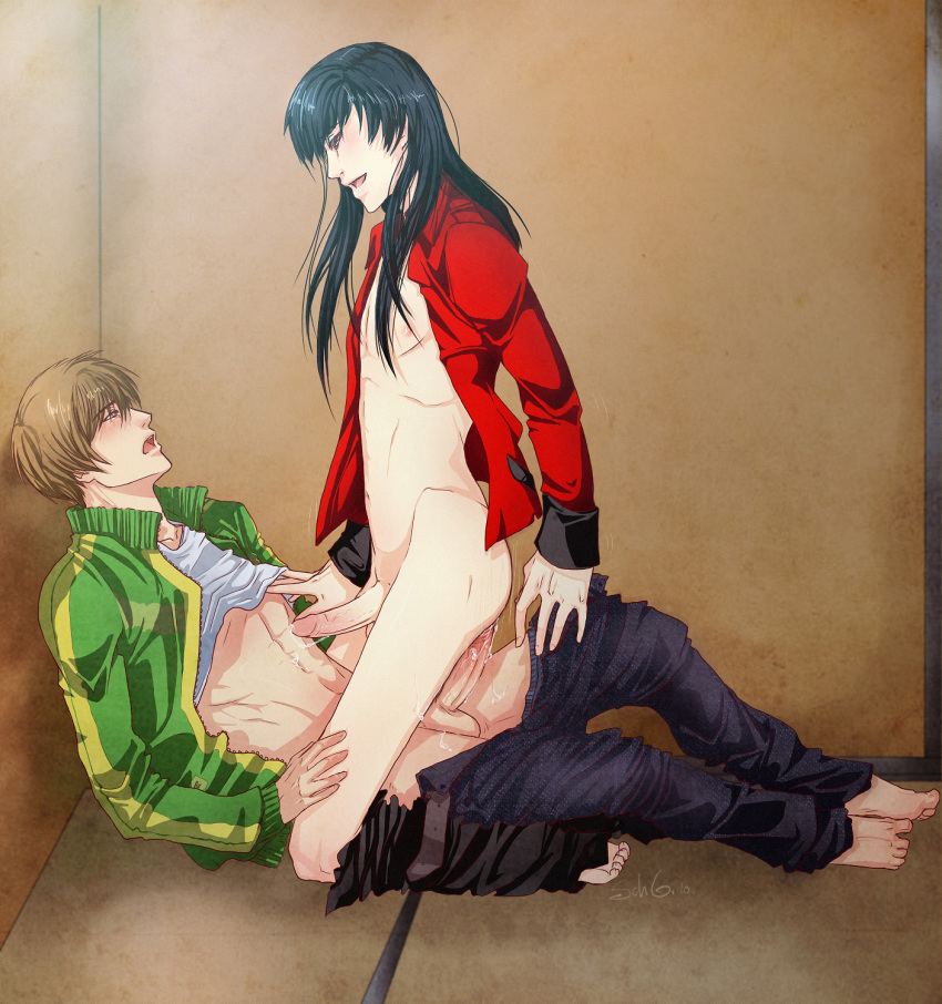 2boys amagi_yukiko atlus clothing cowgirl_position cum genderswap_(ftm) highres human male male_only multiple_boys outerwear penis persona persona_4 rule_63 satonaka_chie straddling undressing yaoi