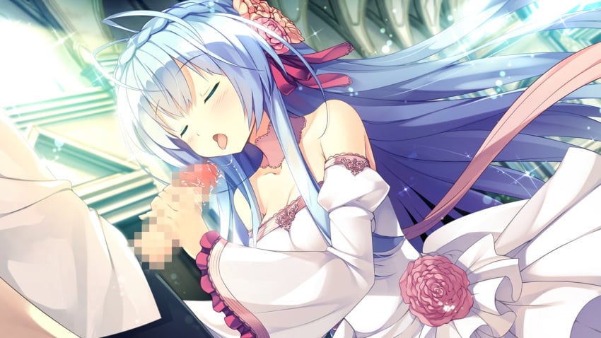 blue_hair blush braids censored choker closed_eyes dress female game_cg koba_kazuomi koi_saku_miyako_ni_ai_no_yakusoku_wo_~annaffiare~ long_hair natsume_eri penis ribbons winifred_d_land