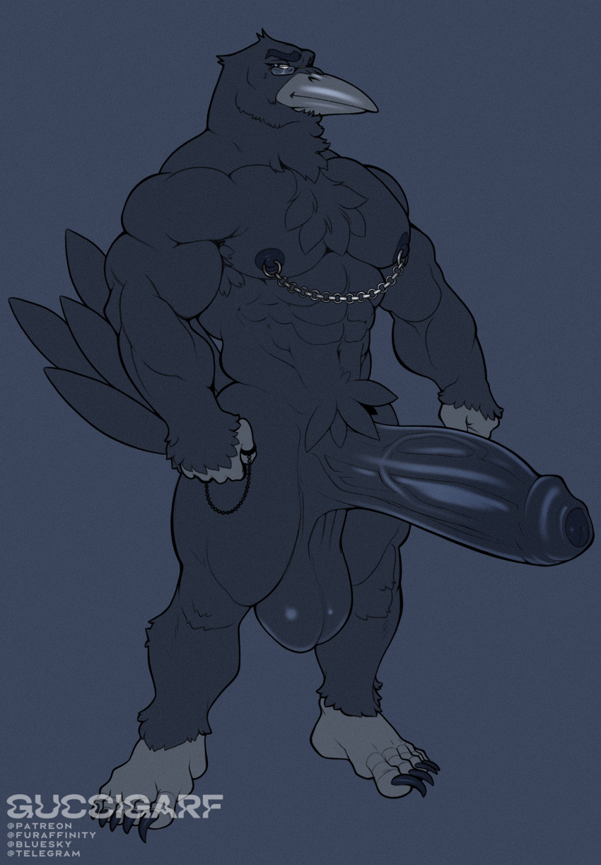 anthro avian balls bird chains corvid corvus_(genus) eyewear foreskin genitals glasses guccigarf hi_res hyper male muscular nipples oscine passerine penis piercing raven