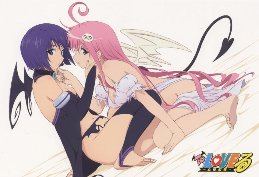 cleavage female garter_belt lala_satalin_deviluke multiple_girls nopan sairenji_haruna scanning_dust screening thighhighs to_love-ru wings yuri