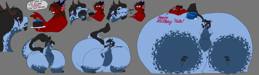 anthro ass big_butt birthday blue_body blue_scales butt_expansion cake dessert dragon duo expansion female feral food hi_res huge_butt hyper hyper_butt male male/female red_body red_scales rykuta scales speech_bubble telia teliars643