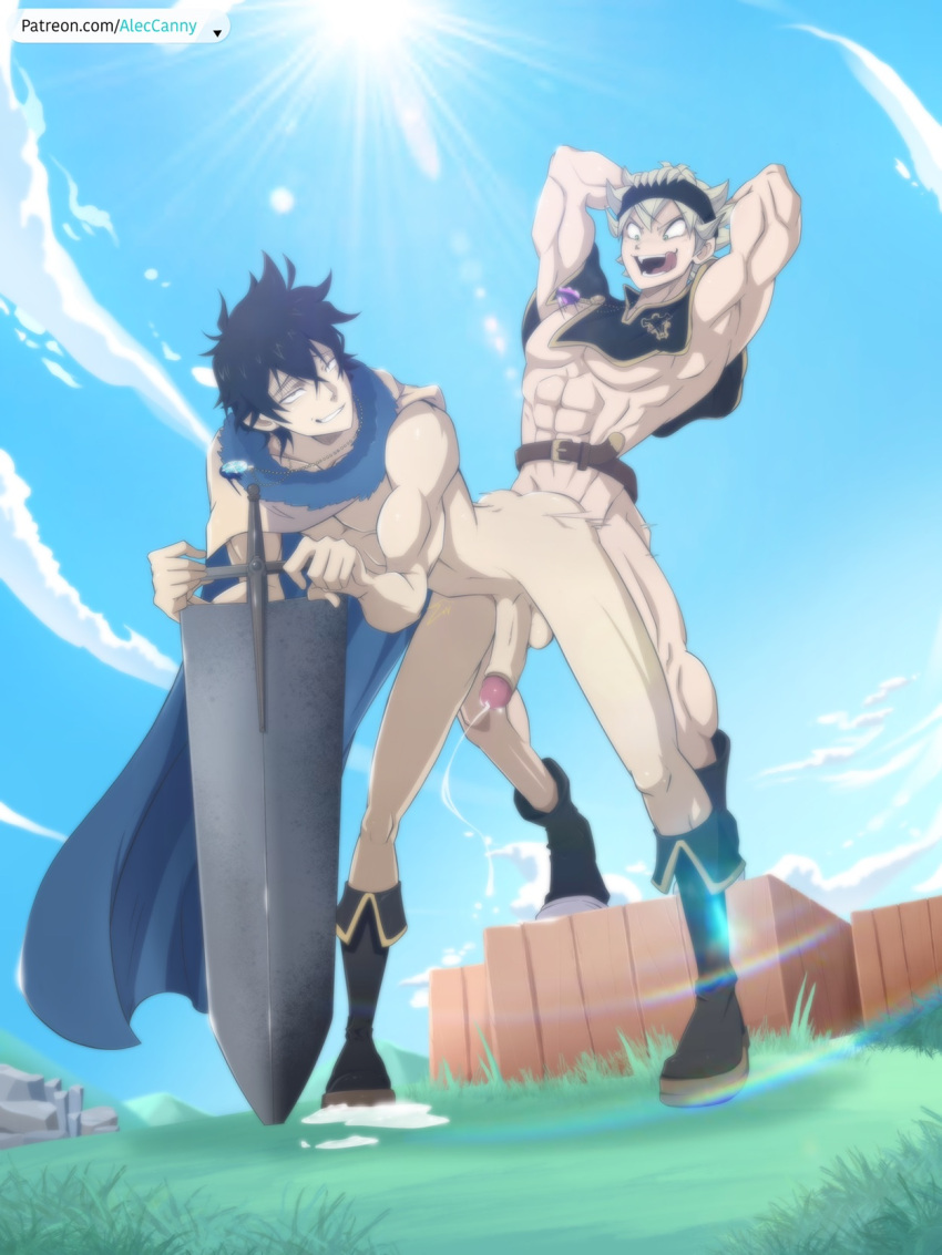 ahe_gao aleccanny anal_only anal_penetration armpits arms_behind_head arms_up asta_(black_clover) balls balls_deep bara belly_bulge belt black_clover black_hair boots cape capelet clouds cum cum_on_ground cumdrip cumshot doggy_style duo ejaculation_while_penetrated erection eyes_rolling_back gay green_eyes half-dressed headband human leaning_on_object licking_lips looking_pleasured male male/male male_human multiple_boys muscles muscular muscular_male naked_boots naked_footwear naked_with_shoes_on necklace nude outdoors outside penis sex sky standing_doggy_style sun sword tongue_out white_hair yaoi yellow_eyes yuno_grinbellior