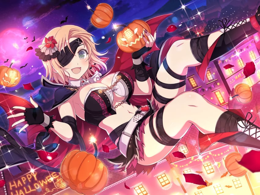 1girls alternate_hairstyle big_breasts blush cleavage exposed_midriff eyepatch female female_only fingerless_gloves green_eyes halloween halloween_costume halloween_decoration hanabi_(senran_kagura) highres knee_boots large_breasts moon night official_art orange_hair pumpkin revealing_clothes senran_kagura sideboob smile solo thick_thighs thighs underboob wave yaegashi_nan