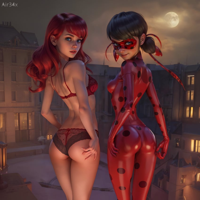 2girls ai_generated air34x alya_cesaire ass black_hair blue_eyes bodysuit bra female female_only ladybug_(character) lingerie looking_back marinette_dupain-cheng miraculous_ladybug multiple_girls orange_hair panties petite pose rear_view red_hair small_breasts underwear