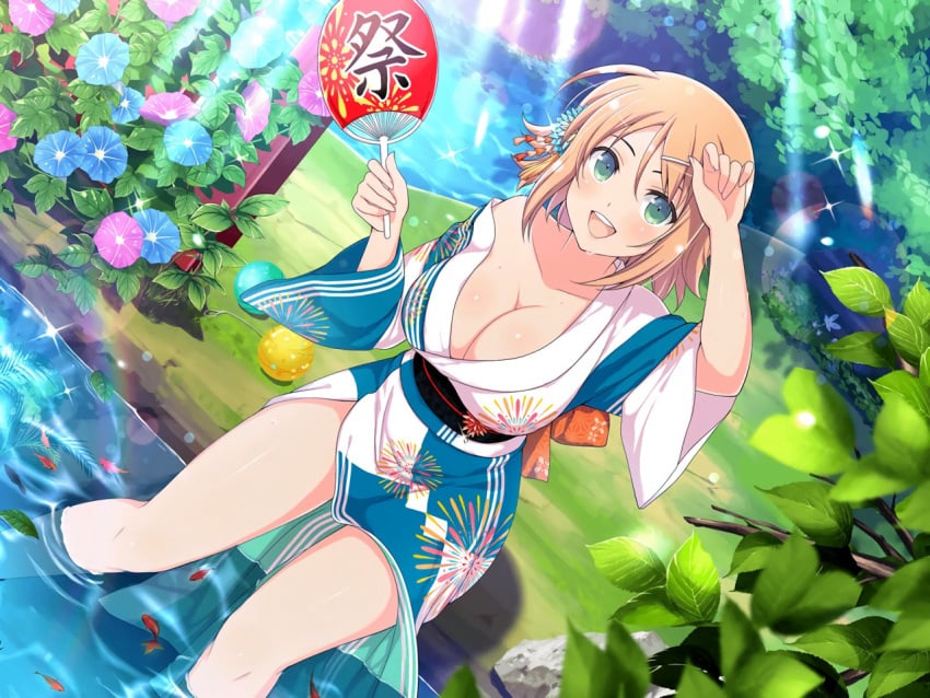 1girls big_breasts blush cleavage exposed_shoulders exposed_thighs female female_only flower green_eyes hair_ornament hairclip hanabi_(senran_kagura) hand_fan highres japanese_clothes large_breasts legs_in_water official_art orange_hair pool senran_kagura smile solo teeth thick_thighs thighs yaegashi_nan yukata