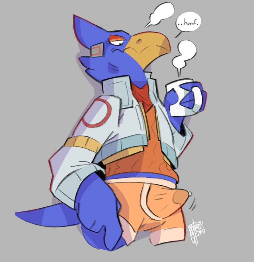 anthro armor bandana beak beverage blue_body blue_feathers bodily_fluids boxer_briefs clothing coffee_cup container cup erection erection_in_underwear falco_lombardi feathers genital_fluids grey_clothing grey_jacket grey_topwear groan headgear helmet hi_res holding_beverage holding_object jacket kerchief male morning_wood nintendo orange_beak orange_boxer_briefs orange_clothing orange_shirt orange_topwear orange_underwear pantsless precum precum_in_underwear red_bandanna red_body red_feathers red_kerchief shirt sodacaps solo star_fox steam topwear underwear