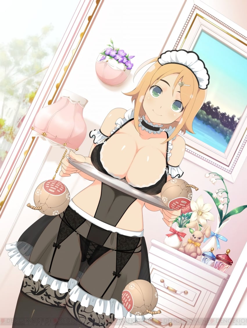 1girls big_breasts busty cleavage female female_only green_eyes hanabi_(senran_kagura) happy highres large_breasts lingerie maid maid_uniform official_art orange_hair presenting_breasts revealing_clothes seethrough_clothing senran_kagura skirt smile solo thighhighs yaegashi_nan