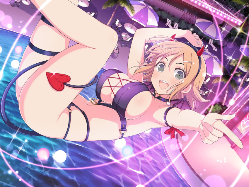 1girls big_breasts blush busty choker collar demon_horns demon_tail female female_only green_eyes hair_ornament hanabi_(senran_kagura) happy highres in_air large_breasts legs legs_up night official_art orange_hair pointing pool senran_kagura sideboob smile solo swimsuit teeth teeth_showing thick_thighs thighs yaegashi_nan