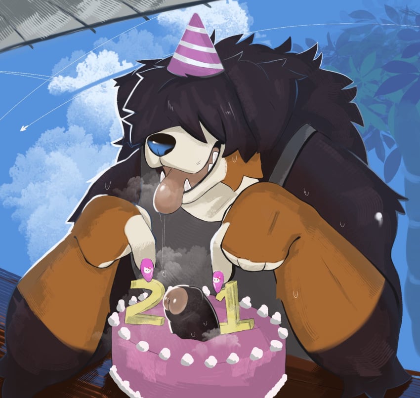 anthro bernese_mountain_dog birthday_cake birthday_hat black_hair black_nose bodily_fluids breath cake canid canine canis cece_(hornyyawnss) colored_nails dessert domestic_dog drooling erection food foreskin genitals gesture hair hair_over_eyes hi_res hornyyawnss humanoid_genitalia humanoid_penis male mammal molosser mountain_dog nails penis pointing pointing_at_penis presenting presenting_penis saliva solo swiss_mountain_dog tongue tongue_out