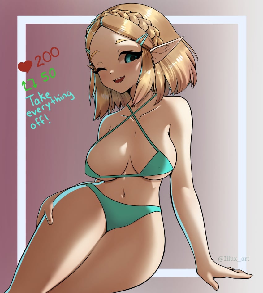 aqua_eyes bikini blonde_hair female illux leaning princess_zelda shoulder_length_hair smile tears_of_the_kingdom the_legend_of_zelda thick_thighs wink zelda_(tears_of_the_kingdom)