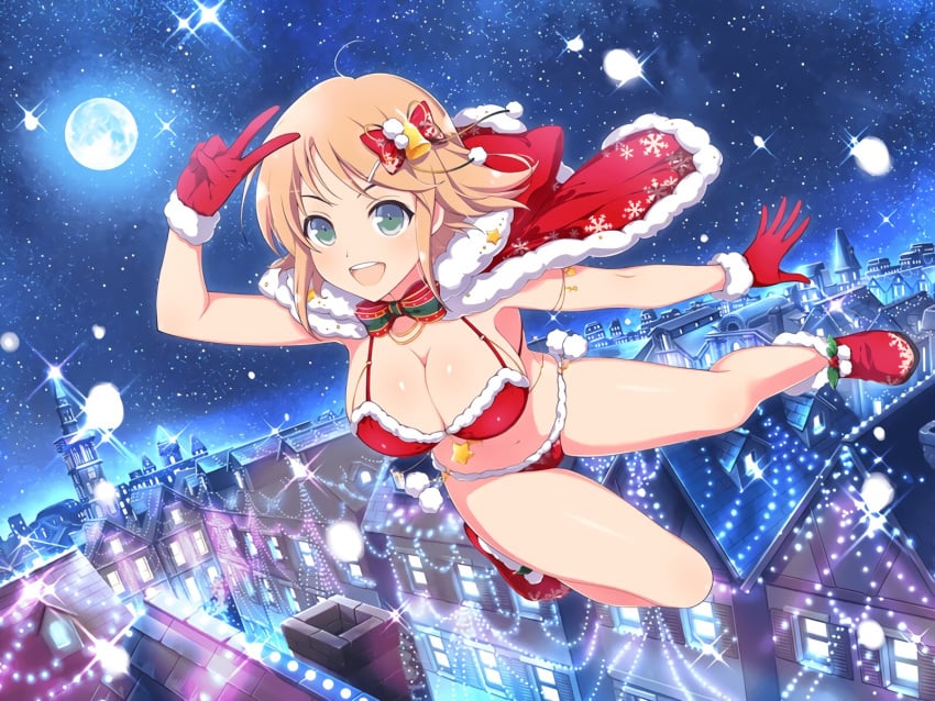 big_breasts blush boots cape christmas christmas_lights city cleavage exposed_midriff floating flying full_moon gloves green_eyes hair_ornament hanabi_(senran_kagura) happy highres large_breasts lingerie moon necktie night night_sky official_art orange_hair peace_sign revealing_clothes senran_kagura shoes snow stars teeth thick_thighs thighs underwear yaegashi_nan