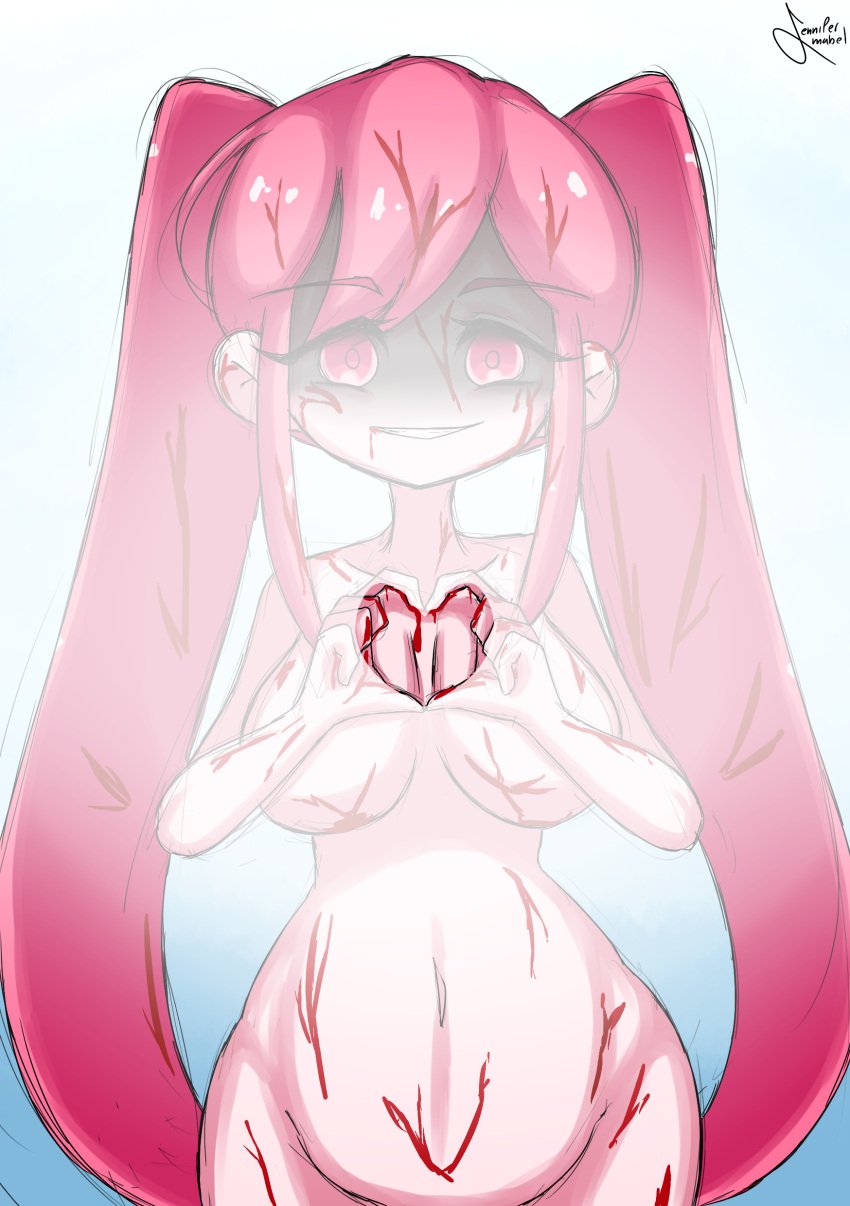 1girls alternate_version_available big_breasts blood breasts cuts female female_only glowing gore grin guro heart heart_hands looking_at_viewer naked naked_female nude nude_female omori perfectheart_(omori) pink_hair prisma_(artist) shadow_over_eyes smile solo solo_female textless twintails