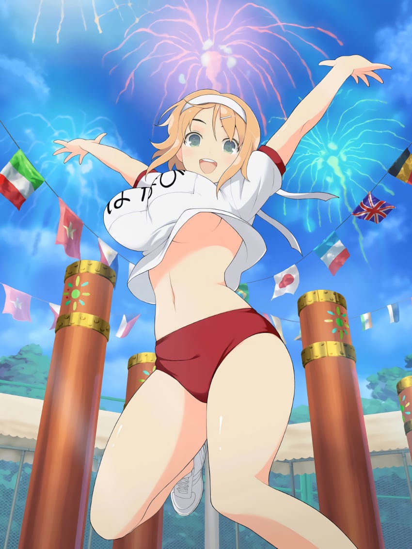 1girls day exposed_breasts exposed_midriff female female_only festival fireworks flags green_eyes hair_ornament hanabi_(senran_kagura) hands_up happy headband highres jumping official_art orange_hair senran_kagura shoes solo sportswear teeth thick_thighs thighs underboob yaegashi_nan