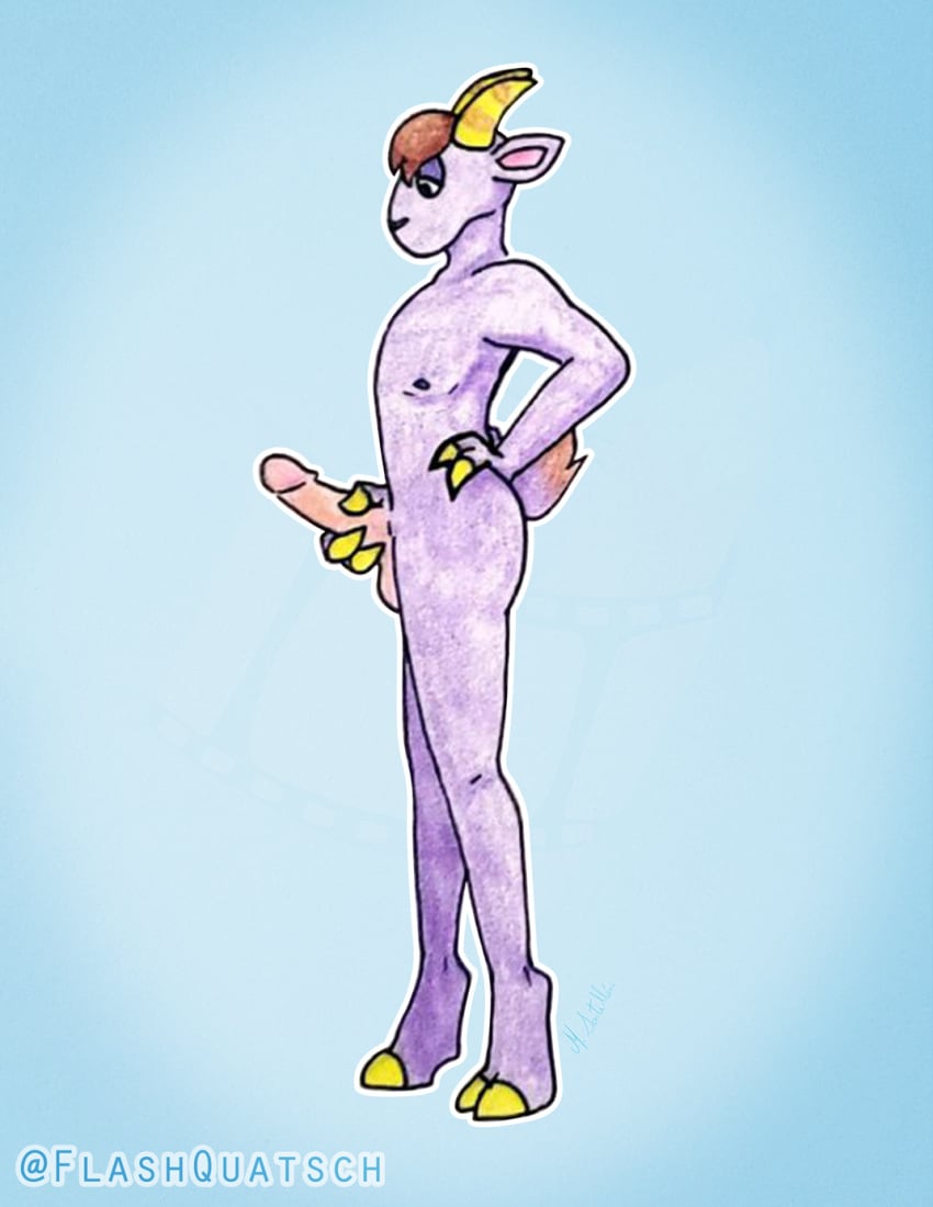 animal_crossing anthro bovid brown_hair caprine erection flashquatsch genitals goat hair half-closed_eyes hand_on_hip hi_res holding_penis horn kidd_(animal_crossing) male mammal mixed_media narrowed_eyes nintendo penis purple_body purple_skin simple_background solo traditional_media_(artwork) yellow_horn