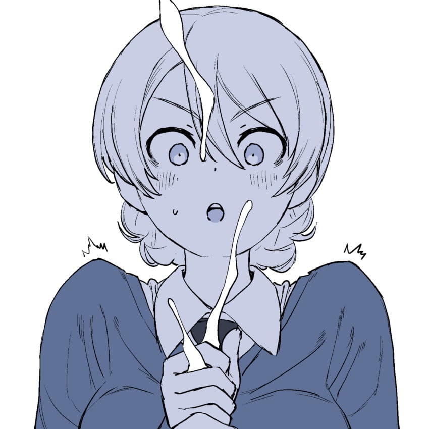 characterful cum darjeeling ejaculation female girls_und_panzer handjob highres monochrome necktie onsen_tamago_(hs_egg) simple_background surprised sweater