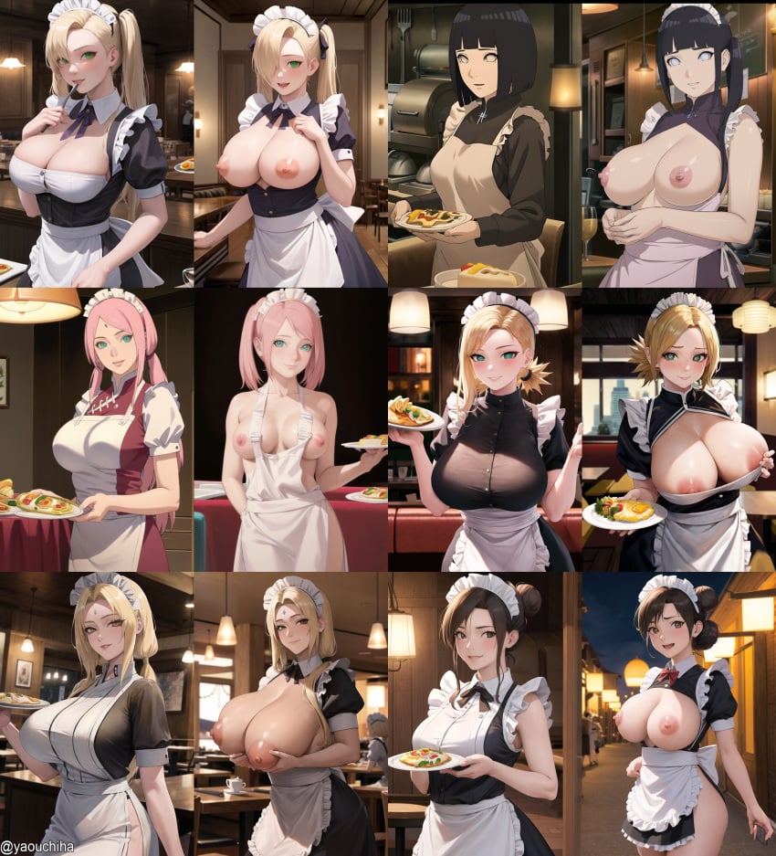 6girls adult age_difference ai_generated alternate_breast_size alternate_hairstyle apron apron_only barely_clothed black_hair blonde_hair blue_eyes blunt_bangs bob_cut boruto:_naruto_next_generations brown_eyes brown_hair double_bun dress female female_only food functionally_nude green_eyes hair_over_one_eye haruno_sakura holding_object hyuuga_hinata ino_yamanaka lavender_eyes looking_at_viewer maid maid_apron maid_headdress maid_uniform mature mature_female milf multiple_girls multiple_images nai_diffusion naked_apron naruto naruto:_the_last naruto_(series) naruto_shippuden no_bra older_female partially_clothed pink_hair presenting presenting_breasts sakura_haruno smile stable_diffusion teenager temari tenten tied_hair tray tsunade twin_buns twintails upper_body voluptuous yamanaka_ino yaouchiha younger_female