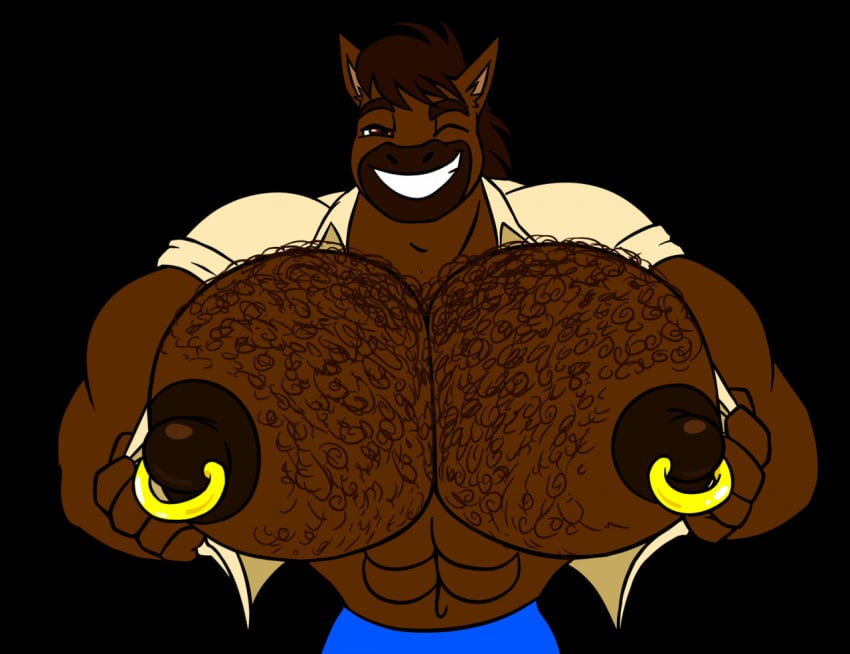 abs big_chest big_pecs brown_fur brown_hair hairy_chest horse huge_chest huge_pecs hunk muscular muscular_male nipple_piercing nipple_rings open_shirt presenting_pecs prettyhumanguy smile smiling solo stallion stud