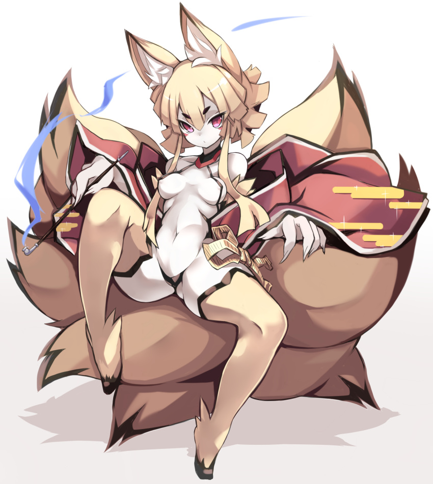 breasts disgaea disgaea_5 fox_ears fox_girl fox_tail karukan_(monjya) kimono medium_breasts nine-tails_(disgaea) nippon_ichi_software open_clothes pipe sling_bikini thick_thighs thighhighs thighs