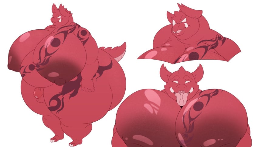 big_ass big_breasts big_butt big_nipples breasts cleavage dragon dragon_baron estebamilk estemilk fangs huge_ass huge_breasts huge_butt male_with_breasts penis pressing_breasts_together red_body short_tail tail tongue_out