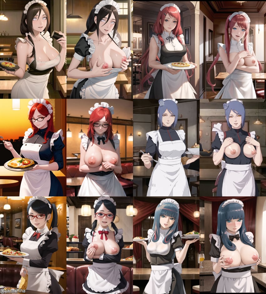 6girls ada_(boruto) adapted_costume adult age_difference ai_generated alternate_hairstyle apron black_eyes black_hair blue_and_pink_hair blue_eyes blue_hair boruto:_naruto_next_generations breasts breasts_out brown_hair dress food glasses hime_cut holding_object hyuuga_hanabi konan lavender_eyes looking_at_viewer maid maid_apron maid_headdress maid_uniform mature mature_female milf multicolored_hair multiple_girls multiple_images nai_diffusion naruto naruto_(series) naruto_shippuden no_bra older_female open_clothes orange_eyes presenting presenting_breasts red_eyes red_hair sarada_uchiha smile stable_diffusion teenager tray twintails two_tone_hair uchiha_sarada upper_body uzumaki_karin uzumaki_kushina voluptuous yaouchiha younger_female