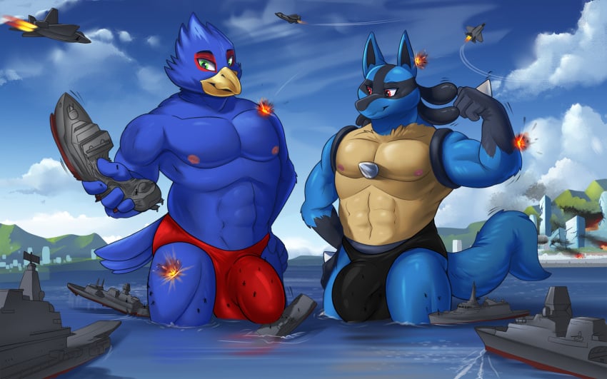 2023 aircraft airplane anthro avian bigdarkfluff bird blue_body blue_fur bulge canid canine city clothing detailed_bulge duo falco_lombardi fur generation_4_pokemon genital_outline green_eyes hi_res jet lucario macro male male_only mammal muscular muscular_male nintendo pecs pokemon pokemon_(species) red_eyes sea ship speedo spikes spikes_(anatomy) star_fox swimwear vehicle water watercraft