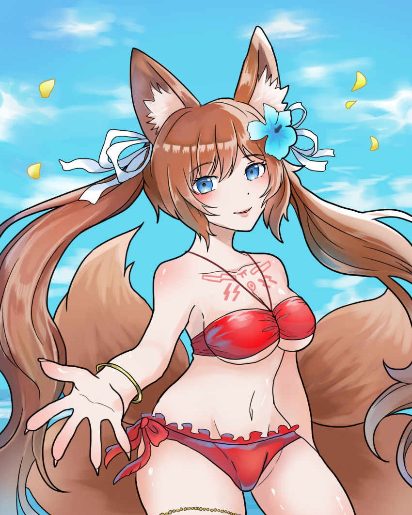 blue_eyes blue_flower blue_sky blush brown_hair caleen_keemosn cleavage commission eyebrows_visible_through_hair female female_only flower_in_hair fox_ear fox_girl fox_tail garter hair_ornament hair_ribbon kemonomimi kitsunemimi large_breasts multiple_tails ocean reaching_out red_bikini rosa_png runes safe_for_work star_ocean star_ocean_anamnesis summer thick_thighs tubetop twintails very_long_hair wholesome