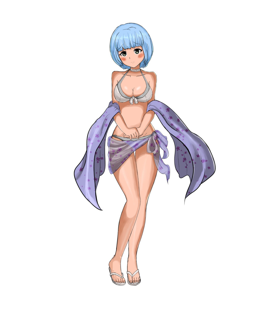 1girls 2018 bare_legs bare_shoulders bikini blue_hair blush breasts cleavage collar collarbone embarrassed female female_only fire_emblem fire_emblem_echoes:_shadows_of_valentia frown green_eyes grey_bikini grey_swimsuit jaxartdump large_breasts legs looking_at_viewer medium_hair nintendo sarong see-through shoulders silque_(fire_emblem) solo swimsuit white_background white_bikini white_swimsuit