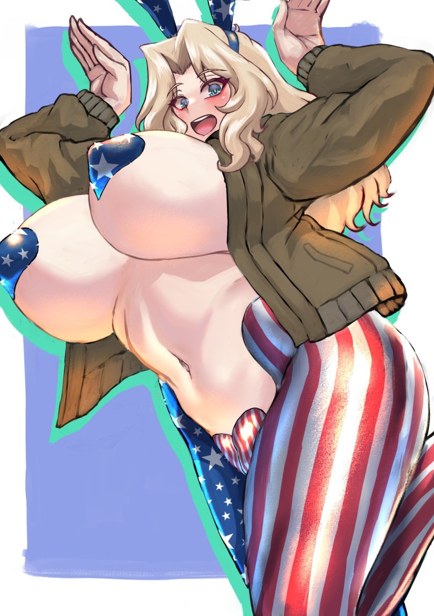 1girls american_flag american_flag_legwear american_flag_pasties big_breasts blonde_hair blue_eyes boobs bougainvillea_(unnryuu) breasts bunny_ears bunny_girl bunnysuit busty curvaceous curvy curvy_body curvy_female curvy_figure female girls_und_panzer huge_breasts kay_(girls_und_panzer) large_breasts maebari pasties voluptuous