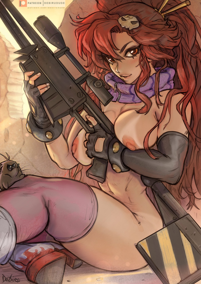 1girls boota debirudude gun looking_at_viewer medium_breasts nude red_hair sitting sniper_rifle tanline tengen_toppa_gurren_lagann thick_thighs yoko_littner