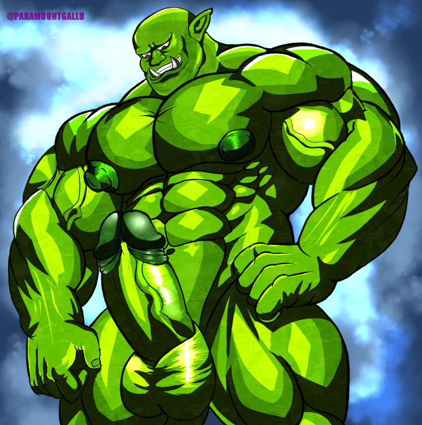 1boy abstract_background balls bara big_nipples big_penis erection foreskin hand_on_hip looking_down orc paramountgallu tusks