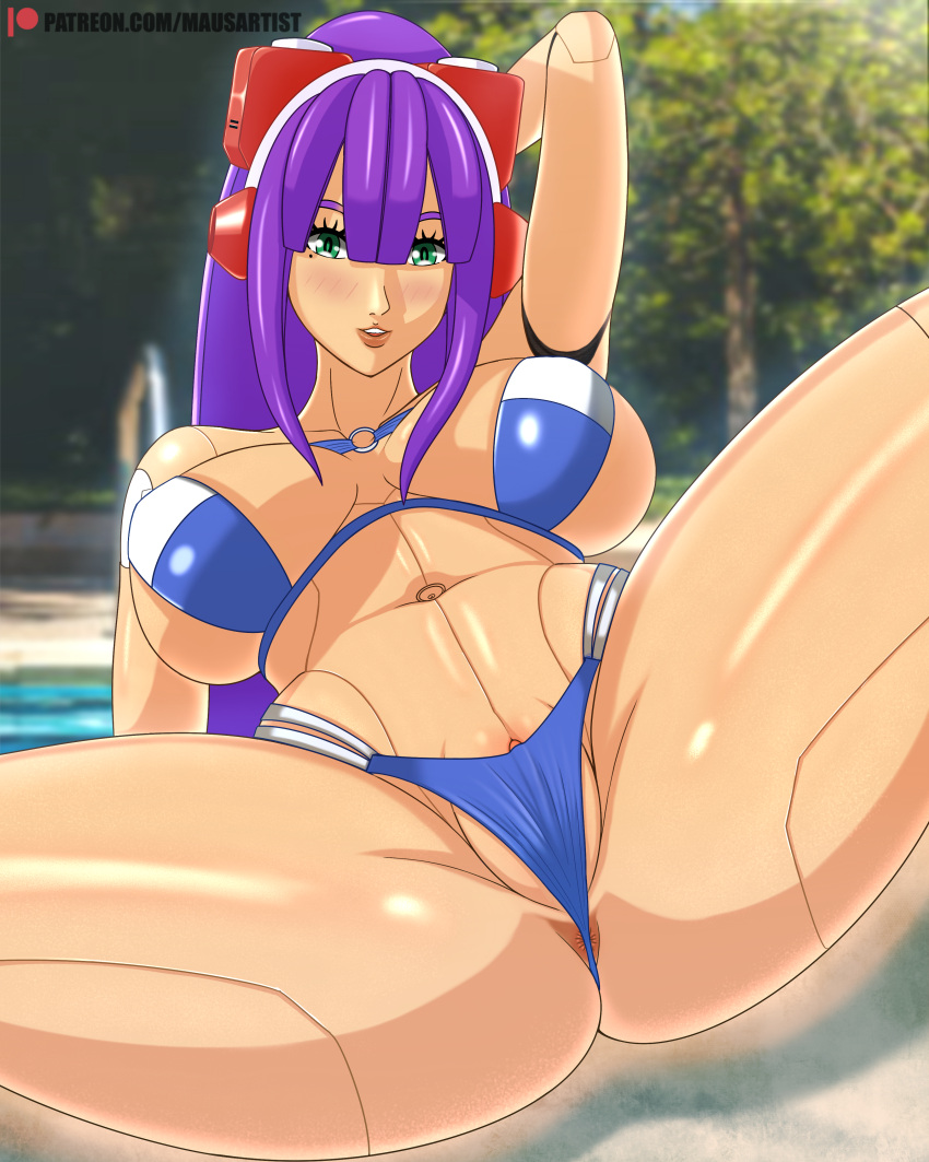 1girls android anus_peek big_breasts bikini clitoris female layer mausartist mega_man mega_man_x mega_man_x_dive purple_hair pussy_peek robot_girl spread_legs swimsuit