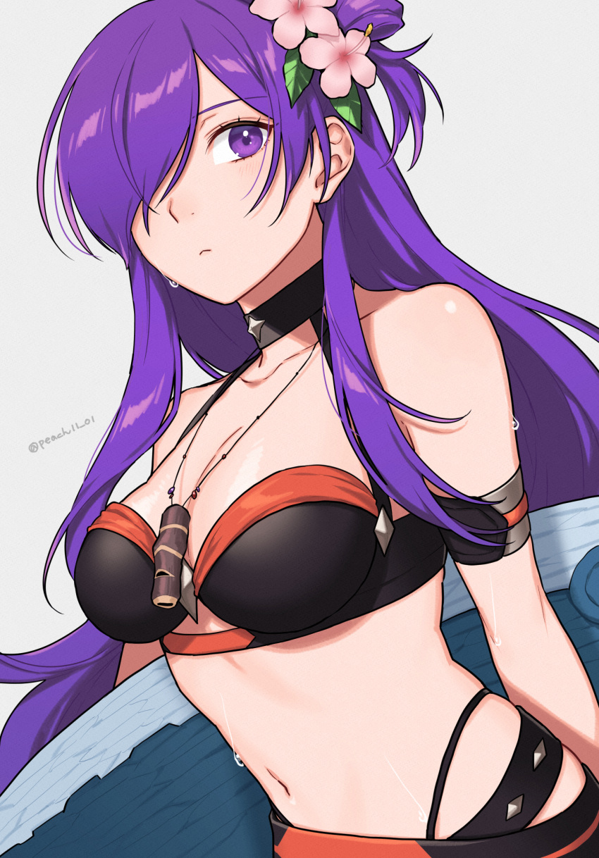 1girls alternate_costume armband bare_shoulders bikini black_bikini black_choker black_swimsuit breasts choker cleavage commentary female female female_only fire_emblem fire_emblem:_three_houses fire_emblem_heroes fire_emblem_warriors:_three_hopes flower grey_background hair_flower hair_ornament hibiscus highres long_hair looking_at_viewer medium_breasts navel nintendo official_alternate_costume peach11_01 pink_flower purple_eyes purple_hair shez_(female)_(fire_emblem) shez_(fire_emblem) simple_background solo stomach swimsuit upper_body very_long_hair