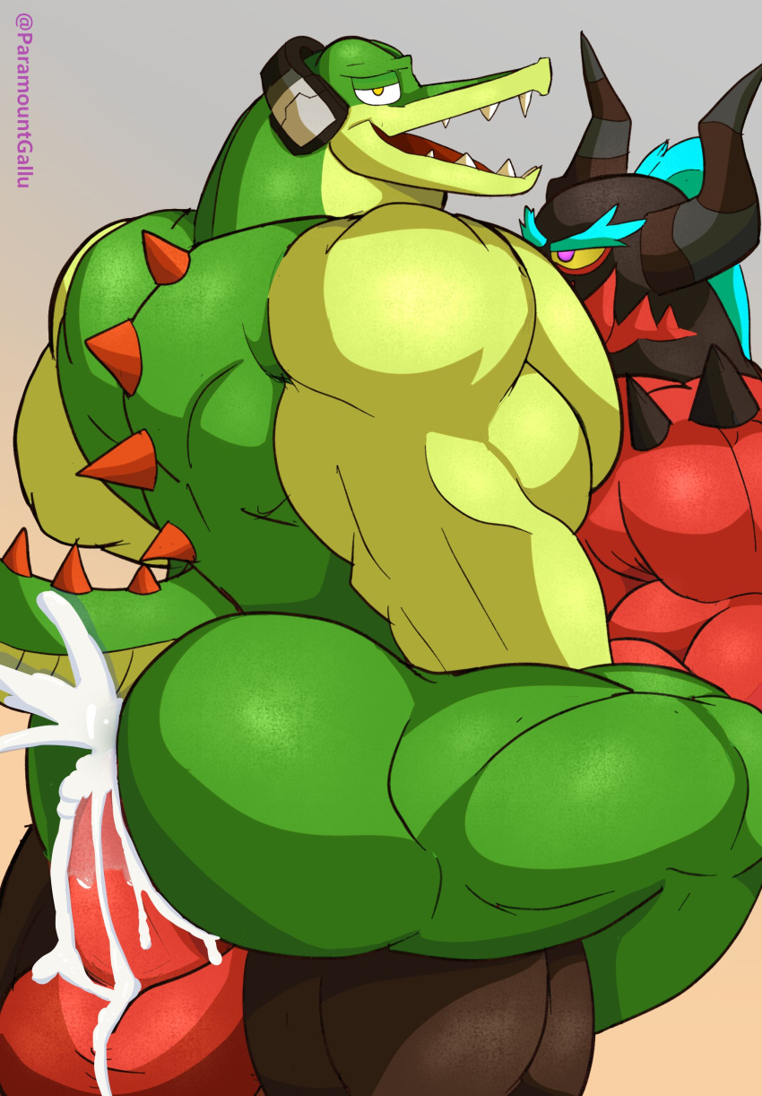 2boys bara big_butt big_pecs cowgirl_position crocodile cum_in_ass furry gay headphones horns looking_pleasured male/male male_only paramountgallu sonic_(series) sonic_the_hedgehog_(series) tail vector_the_crocodile zavok