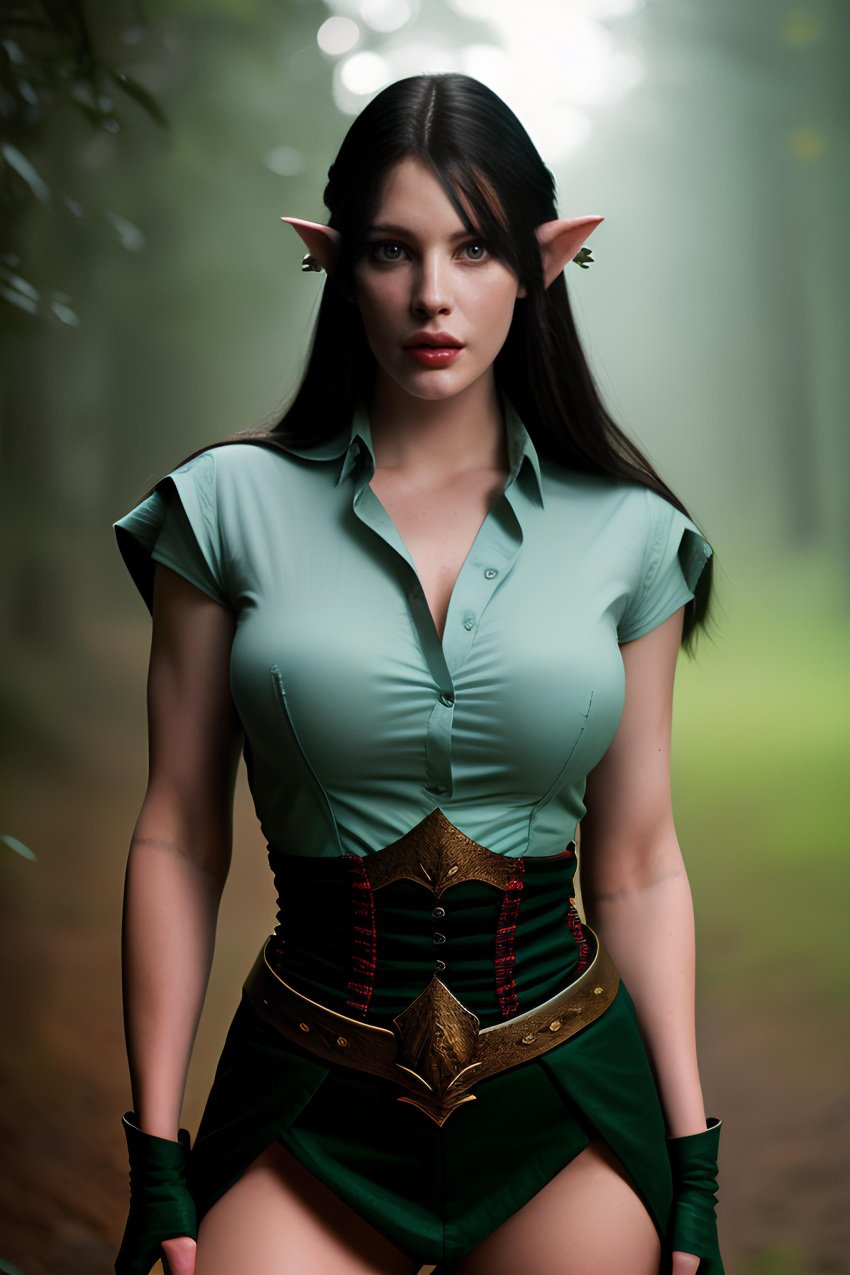 ai_clothes ai_generated arwen_undomiel belt black_hair blue_eyes blurred_background blurry_background buttoned_shirt clothed corset cowboy_shot dark_hair ear_piercing earrings elf elf_female fantasy female female_only flower_in_hair front_view gloves goblin_ears green_clothing green_gloves huge_boobs huge_breasts huge_cleavage leather_belt light-skinned_female light_skin lipstick liv_tyler long_ears long_hair lord_of_the_rings mitten_gloves mittens necklace pointy_ears red_lips shirt short_ears short_sleeves silk silk_clothing silk_dress solo straight_hair streaked_hair tight_clothing tight_fit tight_shirt upper_body