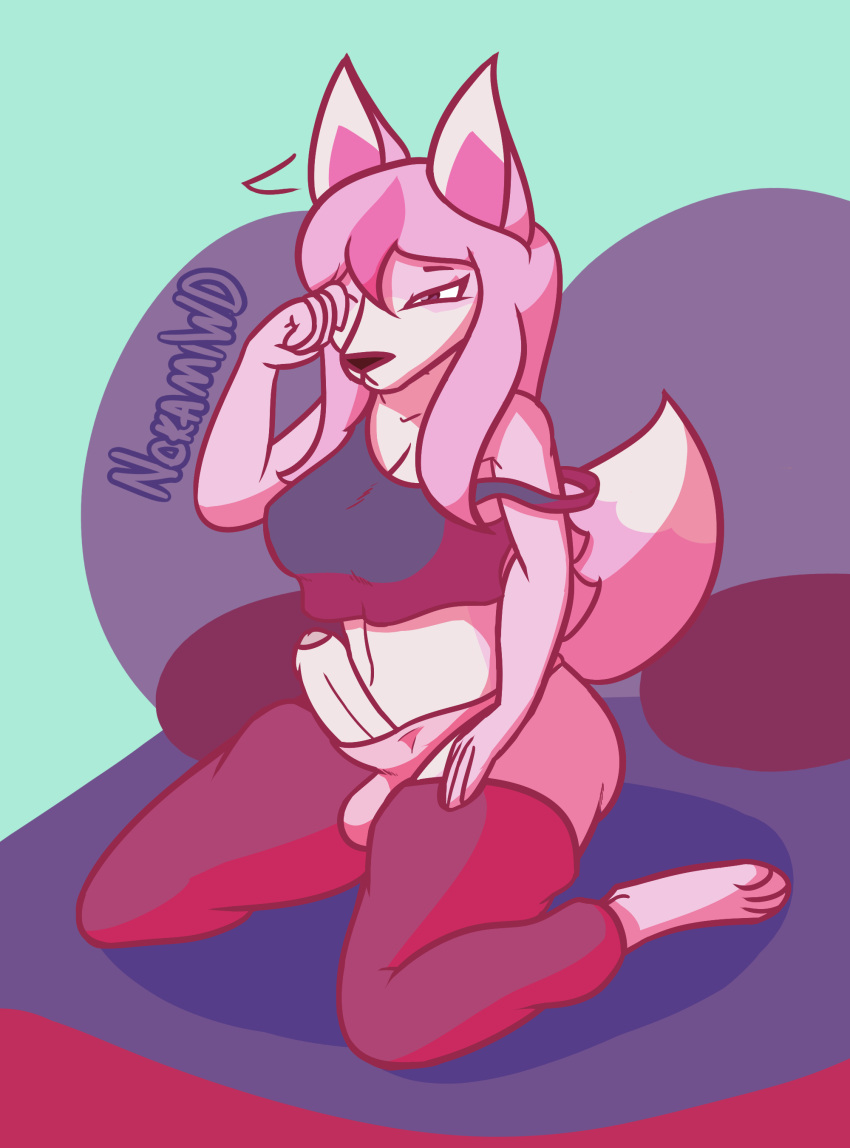 absurd_res anthro ass big_breasts big_butt big_penis brand_new_animal breasts canid canine clothing ear_flick erection fox fur genitals gynomorph hair hi_res intersex legwear long_hair mammal nazuna_hiwatashi nokamiwd panties penis pink_body pink_fur pink_hair simple_background solo stockings studio_trigger thick_thighs topwear underwear white_body white_fur