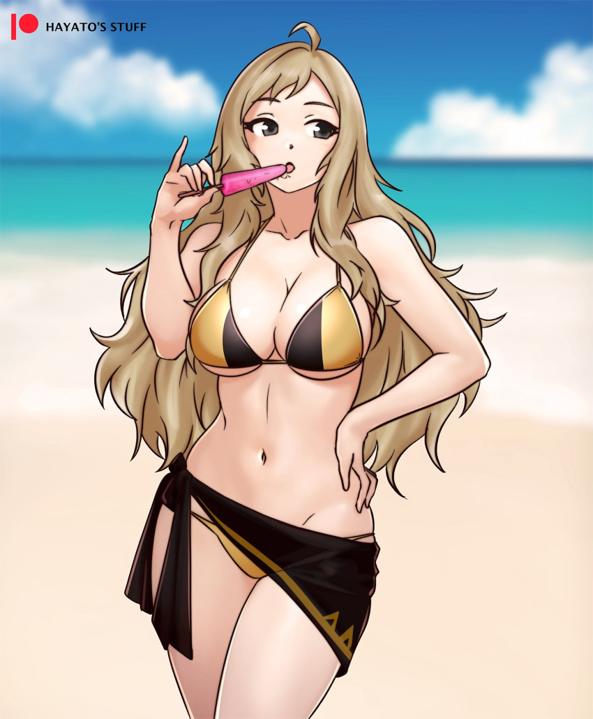 1girls aged_up ahoge alternate_costume bare_thighs beach bikini black_eyes blonde_hair breasts cleavage day eating female female_only fire_emblem fire_emblem_fates hayato_stuff large_breasts nintendo ocean open_mouth ophelia_(fire_emblem) outdoors popsicle sarong solo swimsuit thighs underboob yellow_bikini yellow_swimsuit