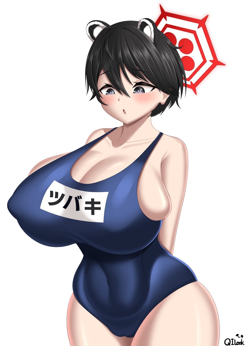 1girls animal_ears big_breasts black_hair blue_archive breasts breasts busty cleavage curvaceous curvy curvy_body curvy_female curvy_figure female huge_breasts large_breasts qilook school_swimsuit short_hair swimsuit tsubaki_(blue_archive) voluptuous