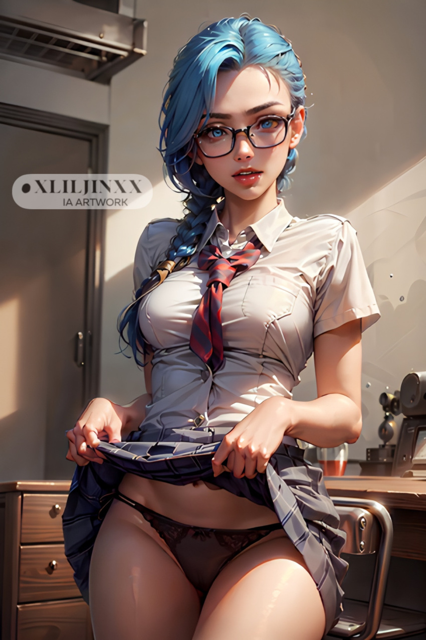 ai_generated anime_style arcane arcane_jinx blue_eyes blue_hair colegiala jinx_(league_of_legends) league_of_legends league_of_legends:_wild_rift nerd showing_pussy small_breasts student xliljinxx