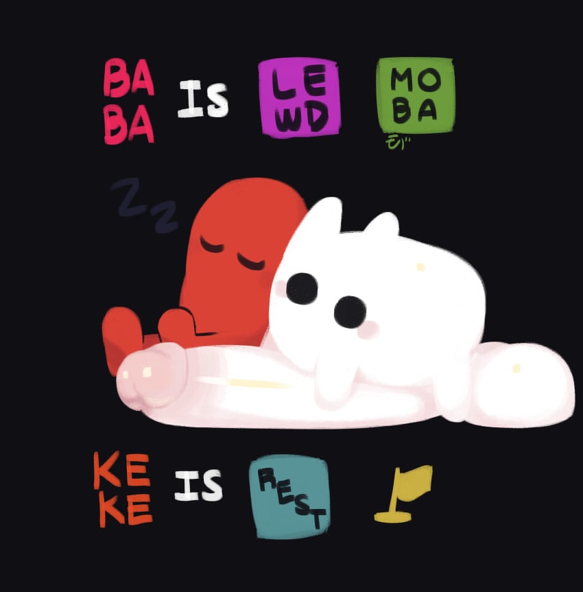 2boys baba baba_is_you balls big_balls big_penis english_text keke_(baba) moba_(artist) no_penetration red_body simple_background sleeping small_body unknown_species white_body