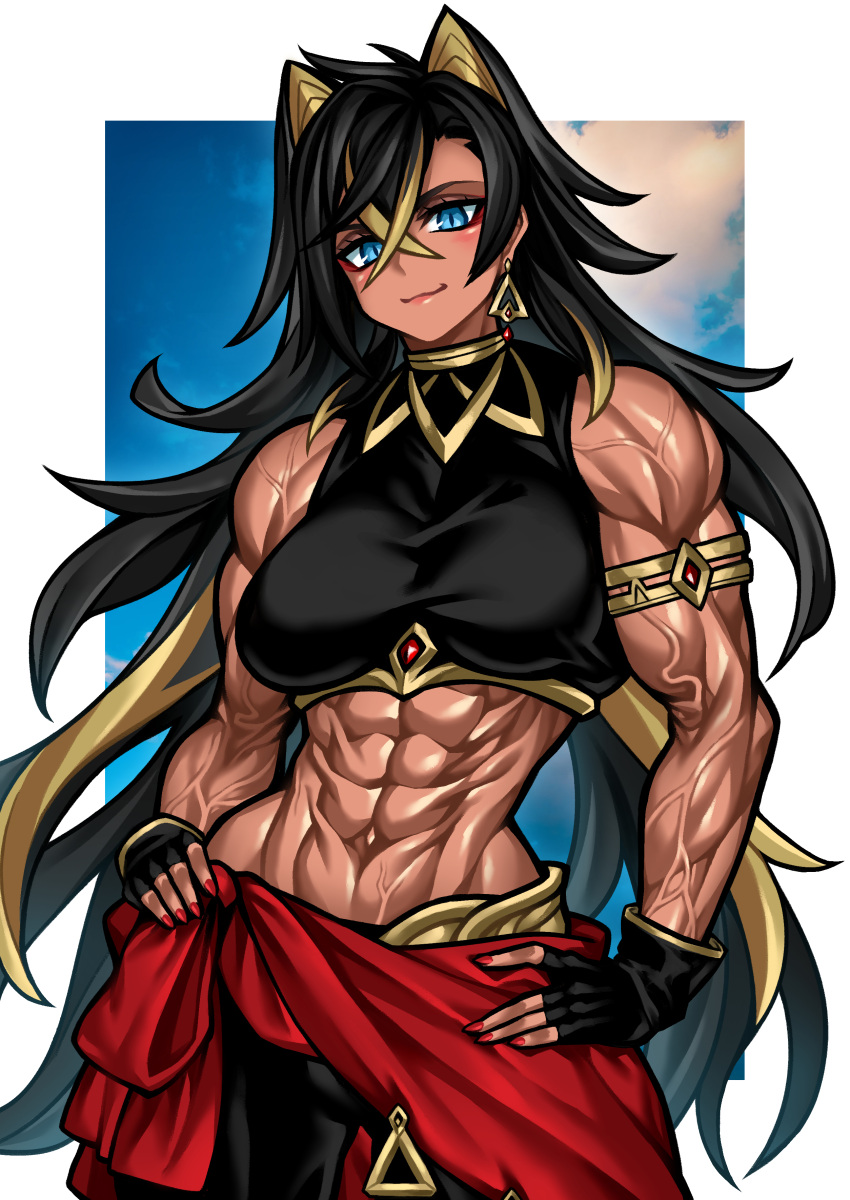 abs amazonian animal_ears armlet biceps big_breasts blue_eyes curvy dark-skinned_female dark_hair dark_skin dehya_(genshin_impact) earrings genshin_impact hands_on_hips long_hair looking_at_viewer mature_female midriff multicolored_hair muscular muscular_female wide_hips yuto_noirm08