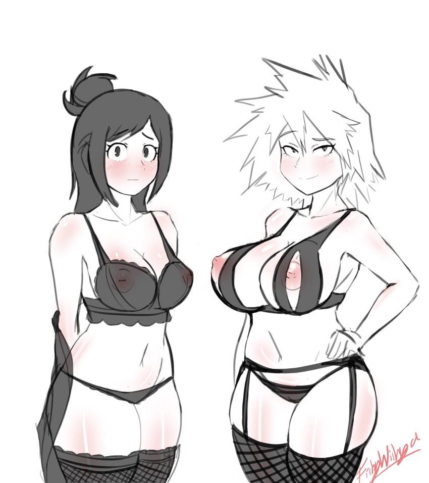 2girls 2milfs adult_female adults areolae artist_name artist_signature big_breasts black_and_white black_bra black_lingerie black_panties black_underwear bra breast_size_difference breasts different_breast_sizes eyebrow_raise female_only fishywishy hand_on_hip hands_behind_back human human_female human_only inko_midoriya lingerie long_hair looking_at_viewer medium_hair milf mitsuki_bakugou my_hero_academia nervous nipples no_sex panties pink_nipples pre-timeskip realistic_breast_size realistic_proportions sassy shiny_skin short_hair shy simple_background slender_body smile smirk smooth_skin spiky_hair standing straight_hair thick_thighs thigh_highs thighs tied_hair visible_nipples white_background wide_hips yuri