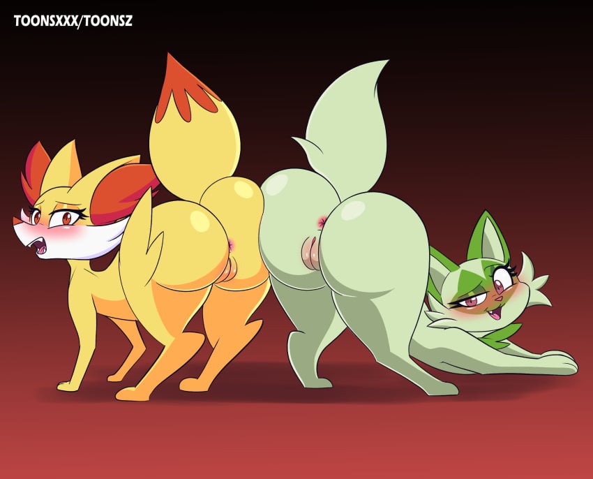 ass big_butt bubble_butt canid canine felid female female/female fennekin feral fox generation_6_pokemon generation_9_pokemon hi_res looking_at_viewer looking_back mammal nintendo pokemon pokemon_(species) pokemon_sv presenting presenting_hindquarters simple_background sprigatito toonsxxx