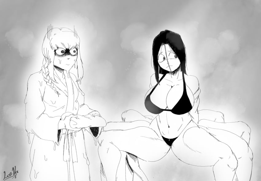 bathrobe big_breasts black_bikini black_hair blush breast_size_difference breasts_comparison chainsaw_man comparing_breasts flat_chest jealous jorogumo long_hair looking_away makima_(chainsaw_man) monster_girl multi_leg multi_limb multiple_girls olozva prinz_(chainsaw_man) spider_devil zipper