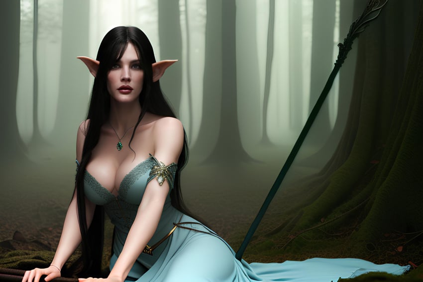 1girls ai_generated ai_hands arm_pendant arwen_undomiel black_hair blue_dress blue_eyes blurred_background blurry_background cleavage dark_hair elf elf_female enormous_breasts fantasy female female_only flower_in_hair forest goblin_ears golden_belt green_dress hand_on_leg hard_nipples huge_boobs huge_breasts huge_cleavage indoors lace_bra lace_dress leaning leaning_forward leaning_on_tree legs_back legs_bent light_skin lipstick liv_tyler long_dress long_ears long_hair long_sleeves looking_at_viewer lord_of_the_rings middle-earth_(tolkien) necklace nipples_covered pendant pendant_necklace rock silk silk_clothing silk_dress sitting sitting_on_floor solo solo_female staff stone tree wood