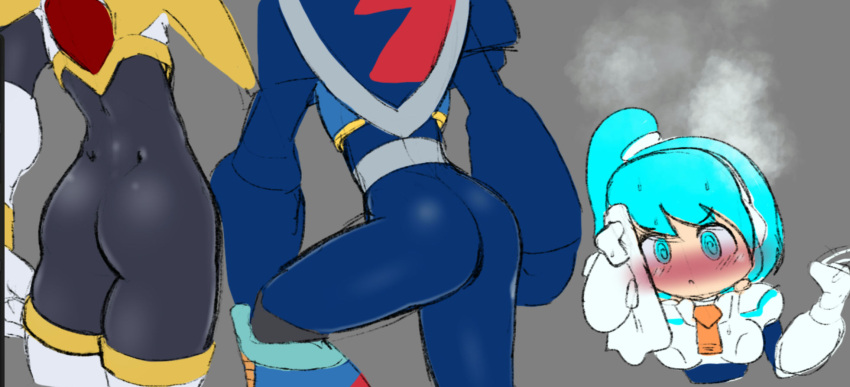 1girls 2boys @_@ ass ass_focus bananagaari butt copy_x female_pervert mega_man mega_man_x mega_man_x_dive mega_man_zero rico_(mega_man) skintight steaming_body sweat swirly_eyes tagme vile