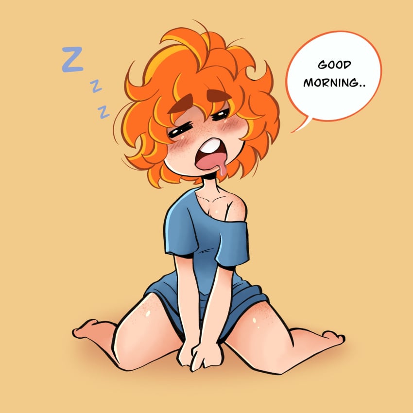 alex_(raccoon_sama) baggy_clothing blush chibi clothes_falling_off cute drooling female female_only freckles freckles_on_face freckles_on_shoulders freckles_on_thighs ginger ginger_hair messy_hair orange_hair original original_character raccoon_sama simple_background sleepy thick_thighs wide_hips