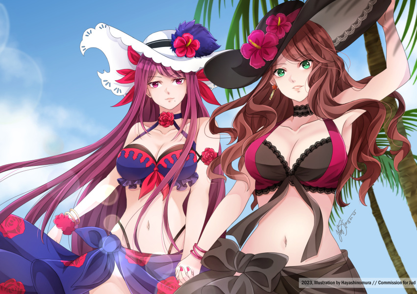 2girls alternate_costume artist_name bare_shoulders bikini black_bikini black_swimsuit blue_bikini blue_swimsuit bracelet breasts brown_hair cleavage crossover dorothea_arnault ear_piercing earrings female female_only fire_emblem fire_emblem:_three_houses fire_emblem_engage fire_emblem_heroes floral_print flower green_eyes hand_holding hat hayashinomura hi_res highres holding_hands ivy_(fire_emblem) large_breasts long_hair looking_at_viewer multiple_girls nintendo official_alternate_costume palm_tree print_sarong purple_eyes purple_hair red_flower red_rose rose rose_print sarong smile swimsuit watermark yuri