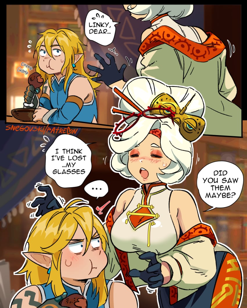 blonde_hair breasts comic comic_panel eating frostbite_link link link_(tears_of_the_kingdom) purah purah_(tears_of_the_kingdom) snegovski tears_of_the_kingdom text the_legend_of_zelda white_hair